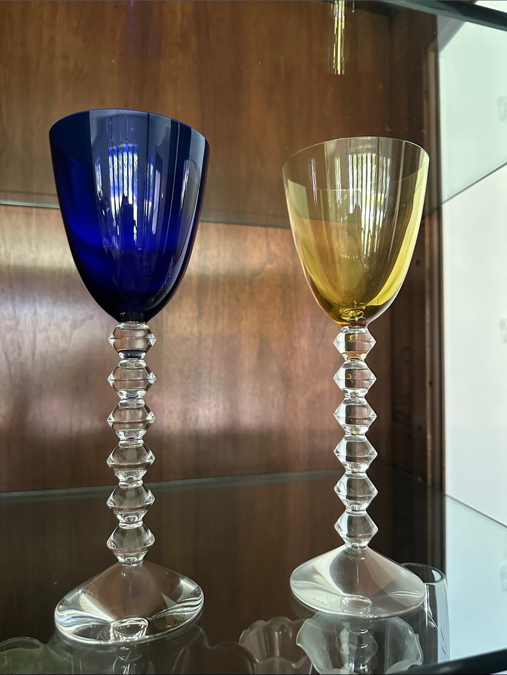 Baccarat Cobalt Blue and Yellow Crystal Wine Goblets